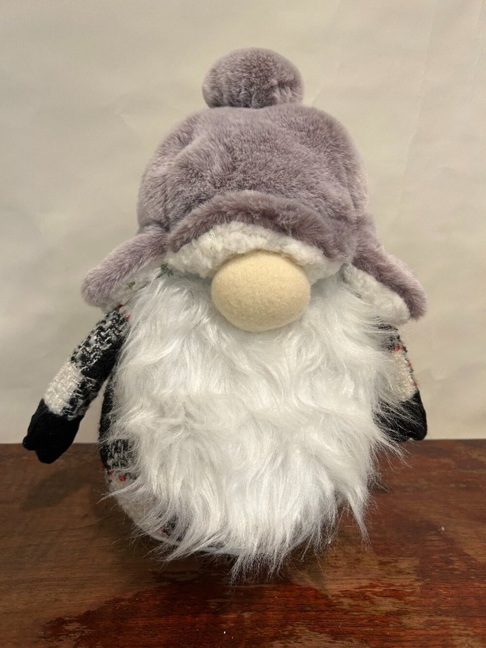 Christmas Holiday Winter Gnome with gray winter hat and wispy white beard